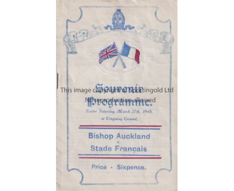 BISHOP AUCKLAND     Home programme for the Friendly v. Stade Francais 27/3/1948.   Good