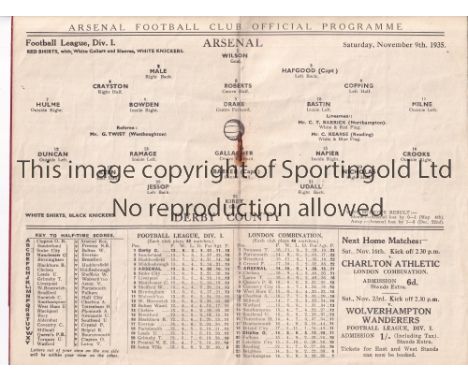 ARSENAL V DERBY COUNTY 1935    Programme for the League match at Arsenal 9/11/1935, very slightly creased.    Generally good