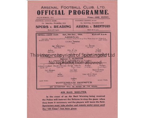 ARSENAL - SPURS 44   Single sheet Arsenal home programme v Tottenham, 9/12/44.   Good
