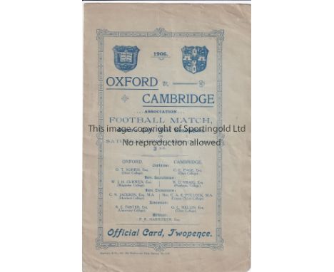 OXFORD - CAMBRIDGE 1906   Four page programme for Varsity match , Oxford University v Cambridge University, 17/2/1906 at Quee
