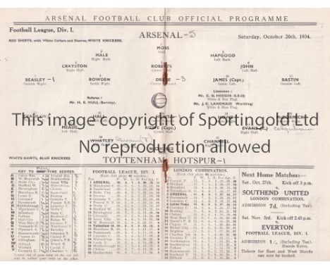 ARSENAL V TOTTENHAM 1934     Programme for the League match at Arsenal 20/10/1934, very slightly creased and team changes.   