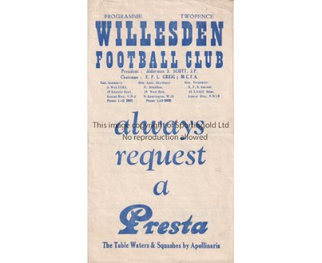 WILLESDEN V WOOD GREEN 1951    Programme for the London Senior Cup match at Willesden 1/12/1951, slightly creased.    General