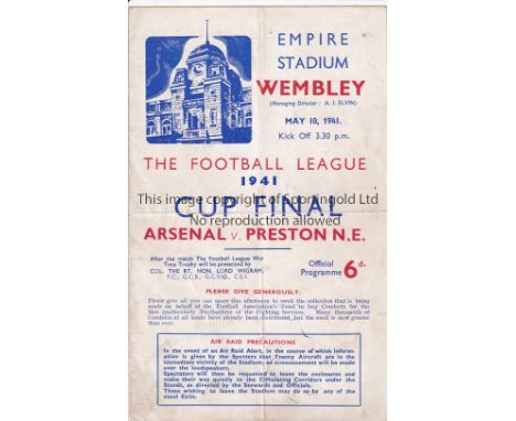 1941  WAR CUP FINAL   Official programme, 1941 Football League War Cup Final, Arsenal v Preston, 10/5/41 at Wembley, folds, n