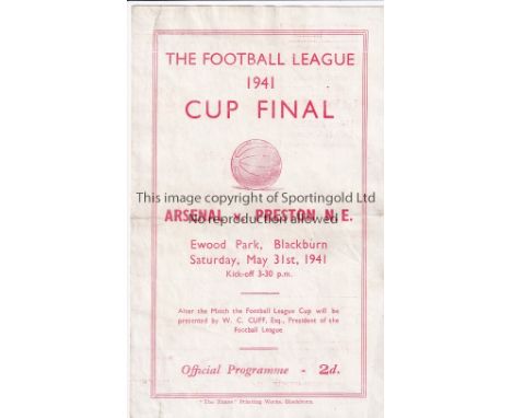1941 WAR CUP FINAL REPLAY   Official programme, 1941 Football League War Cup Final replay, Arsenal v Preston at Ewood Park, B