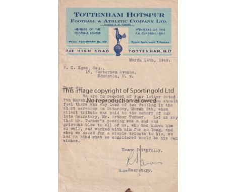 SPURS 1949   Typed letter on Tottenham notepaper dated March 14th 1949 signed by Tottenham Secretary, R Jarvis.    Generally 