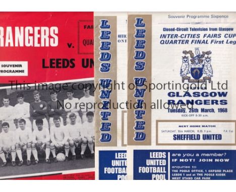 LEEDS - RANGERS 68   Three programmes from the Rangers v Leeds, Fairs Cup Quarter Final games, 1968, Rangers v Leeds 26/3/68 