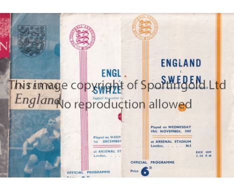 ENGLAND AT ARSENAL FC      Four programmes v. Sweden 1947, team changes and slightly marked on the back, Switzerland 1948, te