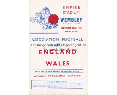 ENGLAND - WALES 43    England home programme v Wales, 25/9/43 at Wembley, score noted, England won 8-3. Slight fold.  Fair-ge