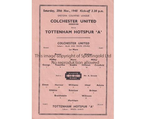 TOTTENHAM HOTPSUR      Single sheet programme for the away Eastern Counties League match v Colchester United 20/11/1948, very