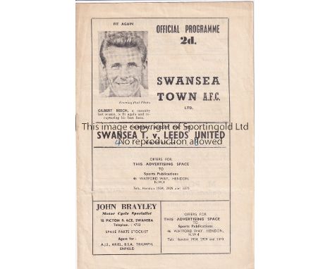 SWANSEA - LEEDS 53   Scarce Swansea home programme v Leeds, Thursday 27/8/53, score noted on cover, changes etc noted on team