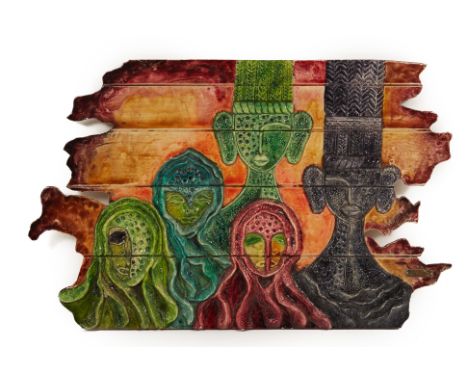 RANU KEDIA (20/21ST CENTURY) - UNTITLED, FIGURES
Ceramic on wood
Signed verso and with small applied plaque lower right
62cm 