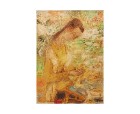 LE PHO (VIETNAMESE, 1907-2001) - JEUNE FILLE DANS LE JARDIN Oil on silk laid on board Signed in Chinese and English lower rig