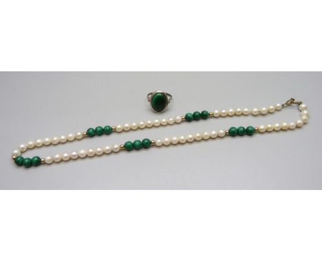 A 9ct gold and malachite necklace and a silver and malachite ring 