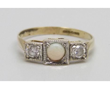 A 9ct gold, opal and white stone ring, 1.3g, M 