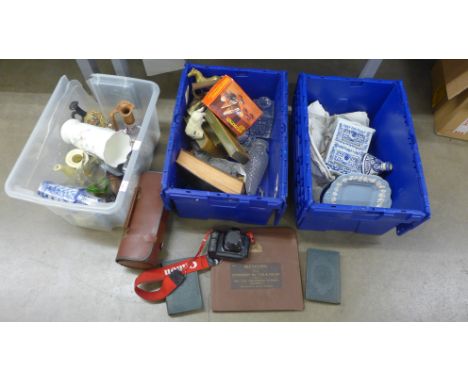 Assorted items; china, glassware, bowling woods, a Canon camera, books, etc. **PLEASE NOTE THIS LOT IS NOT ELIGIBLE FOR POSTI