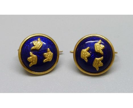 A pair of yellow metal and enamel earrings, 10.1g (test as 9ct gold) 