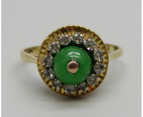 An 18ct gold, jade and white stone ring, 3.2g, M 