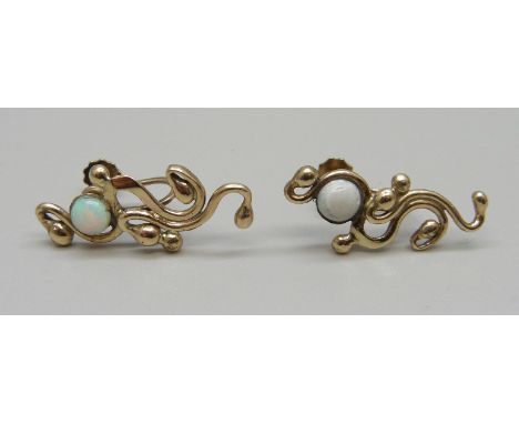 A pair of 9ct gold, opal set Art Nouveau style earrings, 3.7g 
