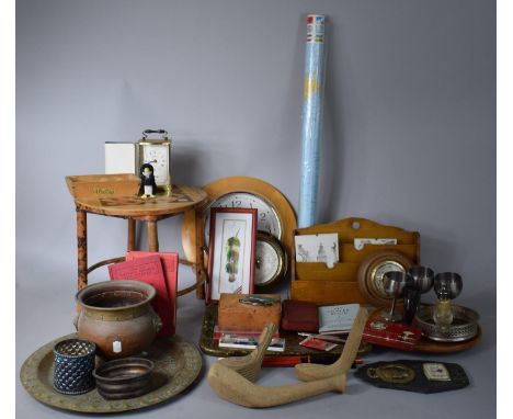 A Collection of Sundries to Include Bamboo Stool, Copper and Brass Banded Pot, Wooden Golf Shafts, Letter Rack, Circular Baro