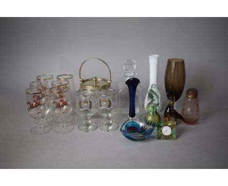 A Collection of Coloured and Plain Glassware to Include Huntsman Decorated Glasses, Murano Bowl, Paperweights, Ice Bucket etc