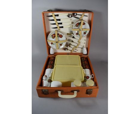 A Complete Cased Vintage 'Brexton' Picnic Box, Containing Two Thermos Flasks, Ceramic Cups and Saucers, Tupperware Boxes Etc.