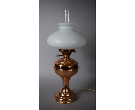 A Reproduction Copper Electric Oil Lamp, Complete with Chimney &amp; Shade, 55cms High 