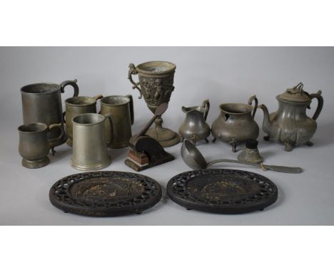 A Collection of Metal Wares to include Cast Iron Coalbrookdale Stands, Pewter Teapot, Cast Metal Urn with Cherub Decoration i