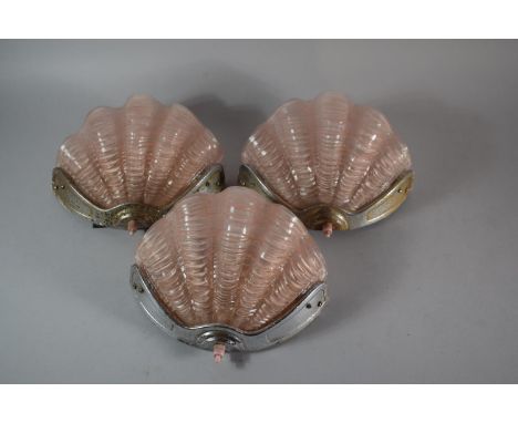 A Set of Three Art Deco Chrome and Glass Wall Light Fittings of Shell Form and with Push Button Switches, 25cms Wide 