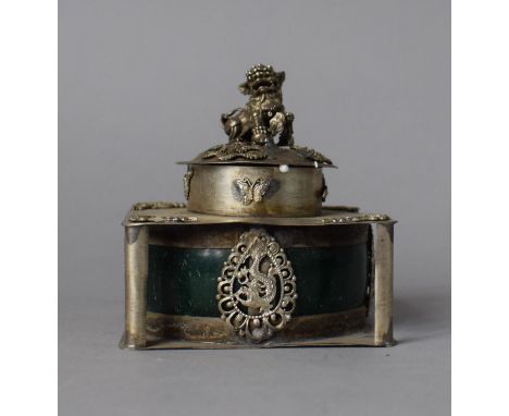 An Oriental White Metal and Green Polished Stone Lidded Tea Caddy/Box Featuring Dragon, Butterfly and Foo Dog Metal Work Deco