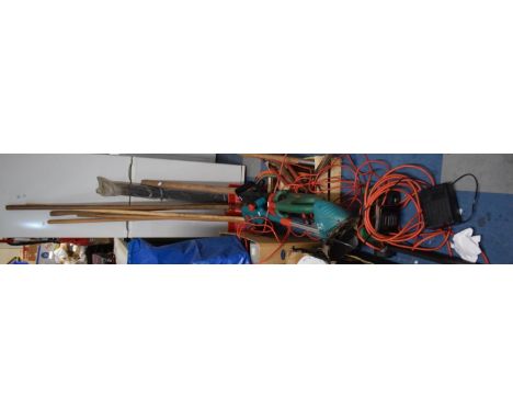 A Collection of Garden Tools, Strimmer, Hedgecutter, Electric Chainsaw, Draining Rods Etc. 