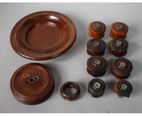 A Collection of Eight Turned Wooden 19th Century Door Knobs with Inset Mother of Pearl Discs Featuring Sunburst Style Engrave