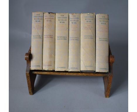 An Edwardian Oak Book Trough Containing Six Volumes of the Second World War by Winston Churchill. First Edition 1948 by Casse