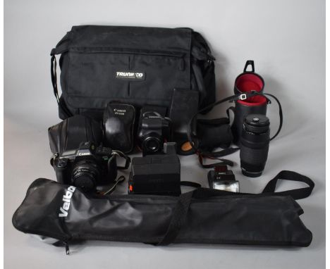 A Collection of Photographic Equipment Comprising Canon AF35M, Pentax 200M 90, Canon EOS 630 and Polaroid 670 AF Cameras, Can