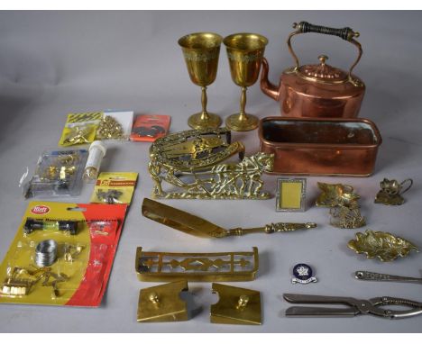 A Box of Copper and Brass to Include Copper Kettle, Brass Teapot Stand, Goblets, Ornaments, Canada War Hospital Brooch Etc. 