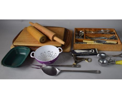 A Collection of Kitchen Wares to Include Cutlery Tray Containing Various Cutlery, Chopping Boards, Rolling Pin Etc. 