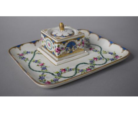 A Dresden Porcelain Floral Decorated Inkstand with Central Inkwell and Pen Groove, 20cms x16cms 