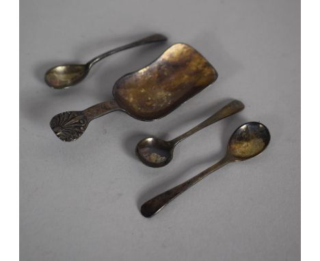 A Silver Tea Caddy Spoon and Three Silver Salt Spoons, B'Ham and Sheffield Hallmarks 