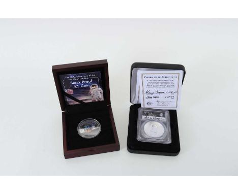 COLLECTION OF COINS RELATING TO THE MOON LANDING, including the sterling silver black proof five pound coin, Apollo 11 50th a