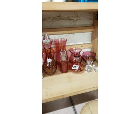 SHELF LOT OF CRANBERRY GLASS AND GLASS ANIMALS