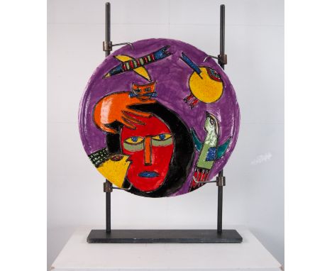 Ceramic plate on metal stand, signed: Guillaume Corneille, No: 3/10. - size height and width 34 x 34 x 5 cm