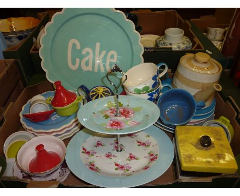 Whittard cups and saucers, Cornish ware tea pot, cake plates etc