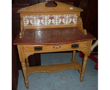 Victorian stained and painted pine washstand with raised tile back and single drawer