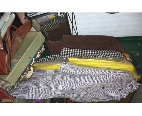 Selection of ladies vintage coats inc Jaeger, Aquascutum, pair of seal skin boots, Sanderson bedding etc