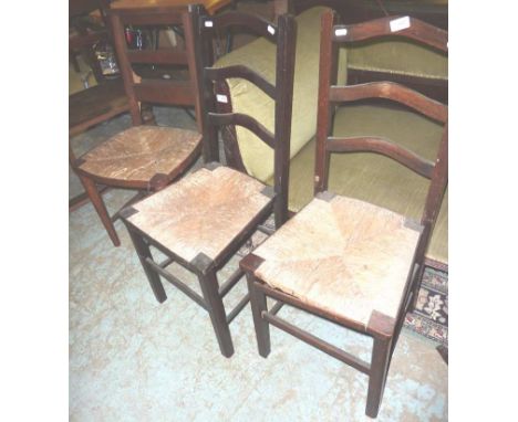 Pair of rush seated chairs and another chapel style and a standard lamp