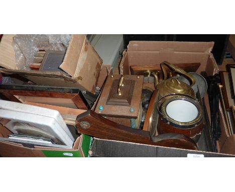 Barometer, mantle clock, brass spirit kettle, assorted picture frames etc (2 boxes)