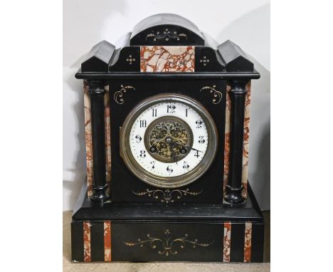 A Belgian slate mantel clock, c1930, of architectural design with enamel and giltmetal dial, 30cm h  