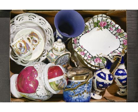 A quantity of 19th c and later ceramics, including a Bargeware teapot and cover, Wedgwood Jasper ware vase, a part Aynsley de