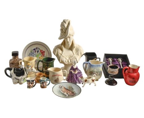 Miscellaneous decorative and other ceramics, including Wade Whisky jugs, a novelty cow teapot, Poole, etc  