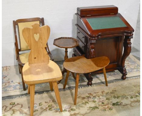 A mahogany davenport, 86cm h, a waxed pine hall chair, walnut tripod table, etc  