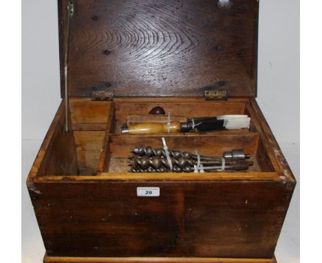 A small tool chest and tools including ratchet brace other braces, bits, spoke shave etc 